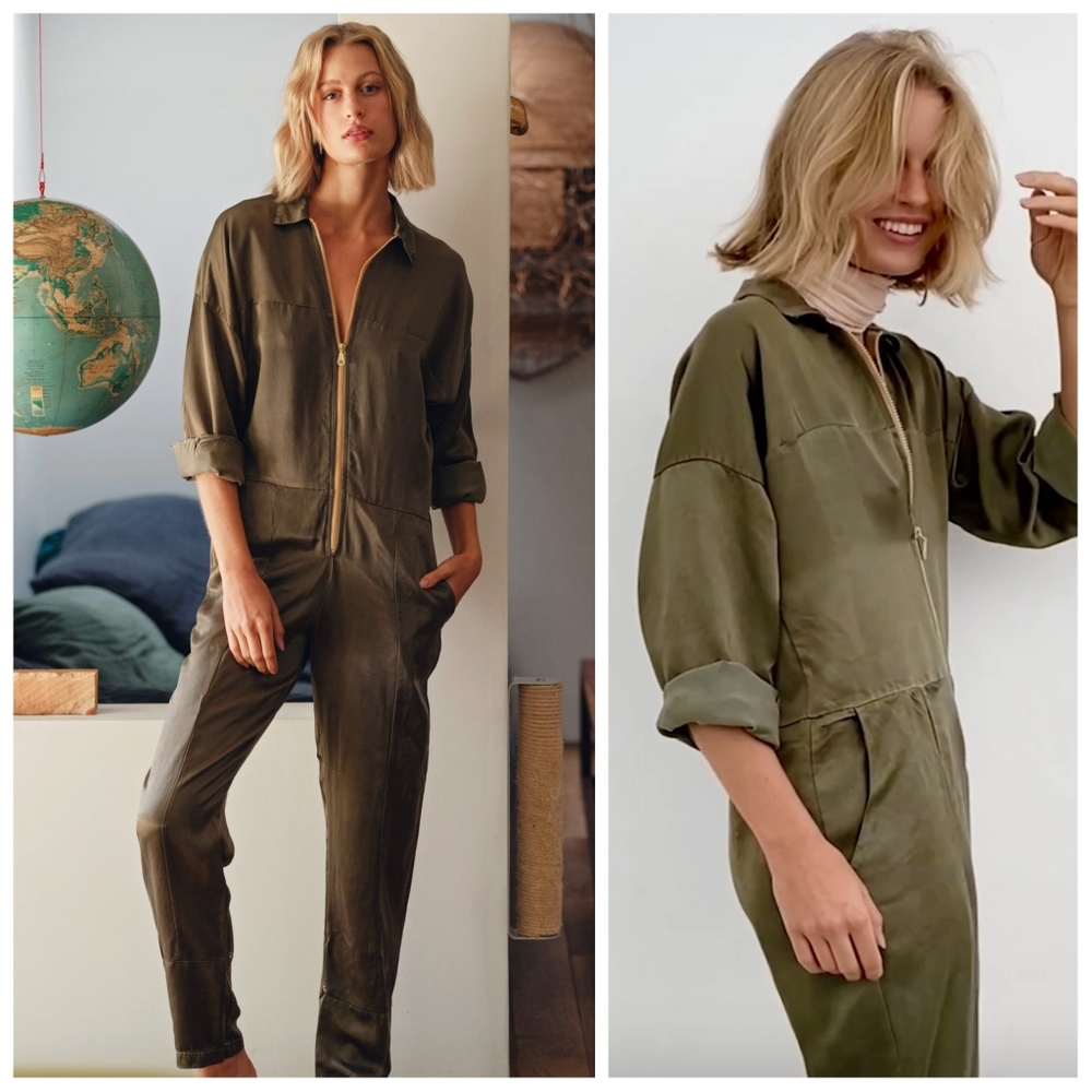 Cali Dreaming Flight Suit In Olive Green Satin Size XS